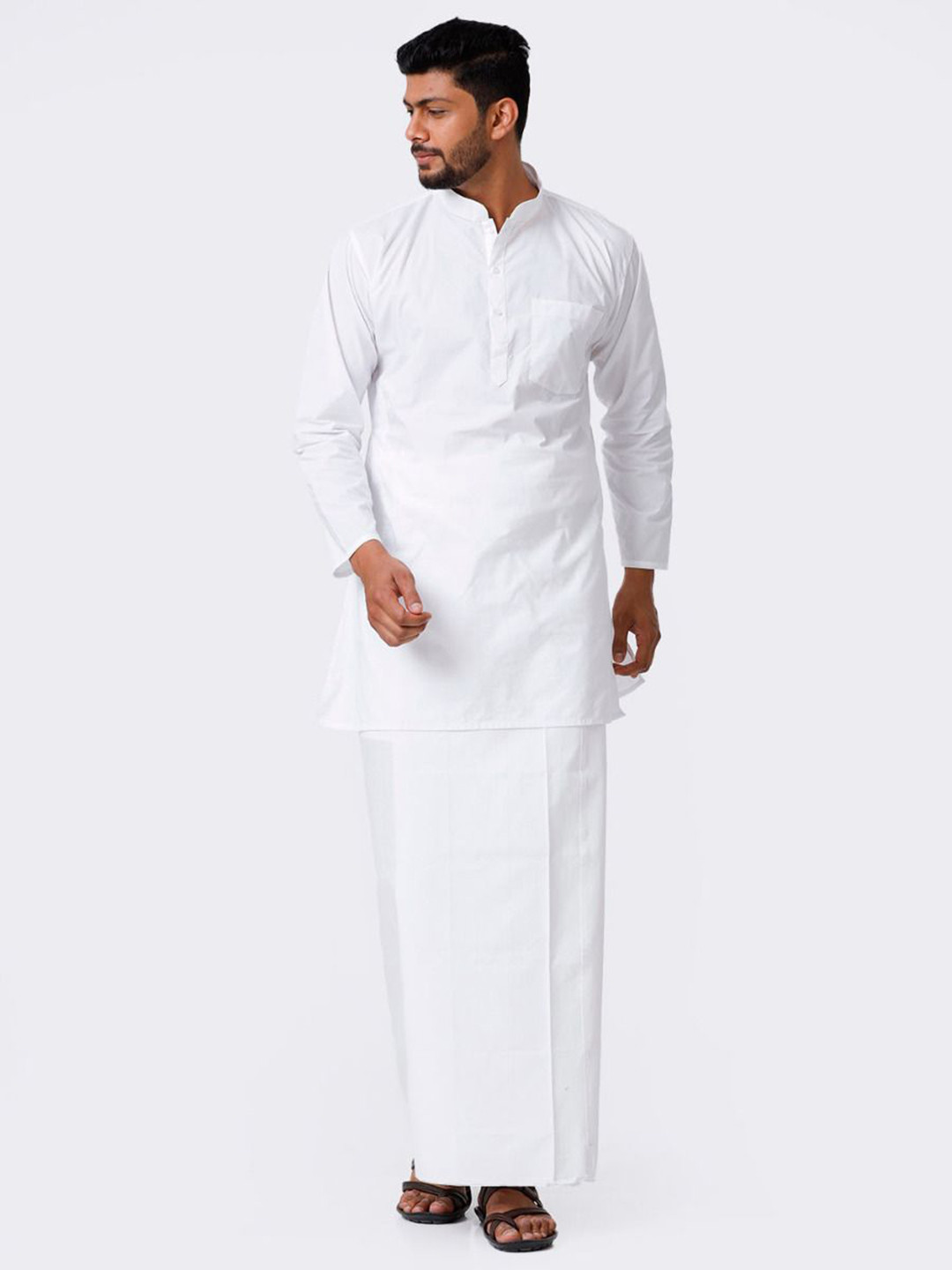 

RAMRAJ Men White Full Sleeves Cotton Straight Kurta with Stitched Prayer Dhoti Combo
