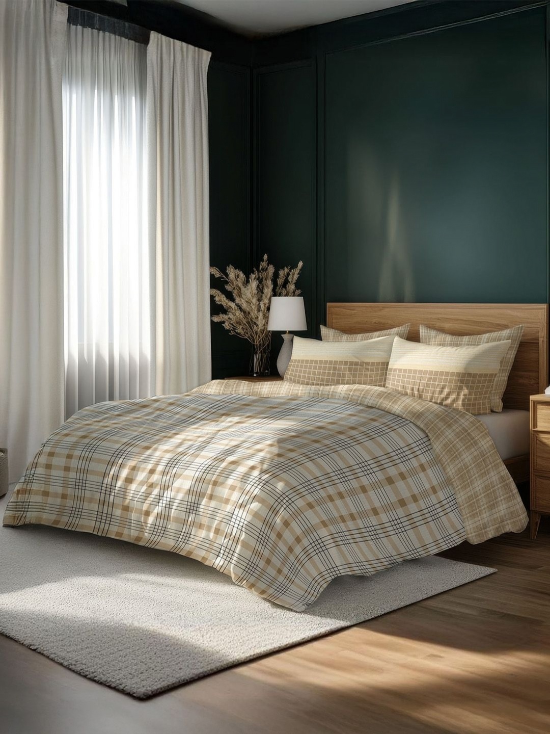 

LANE LINEN Brown & Beige Geometric 400 TC King Bedsheet with 4 Pillow Covers