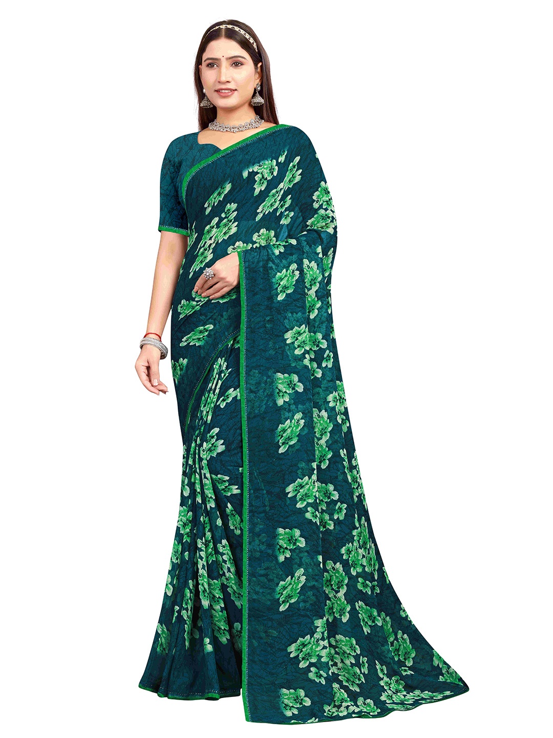 

shree krishna fashion Floral Sequinned Art Silk Saree, Green