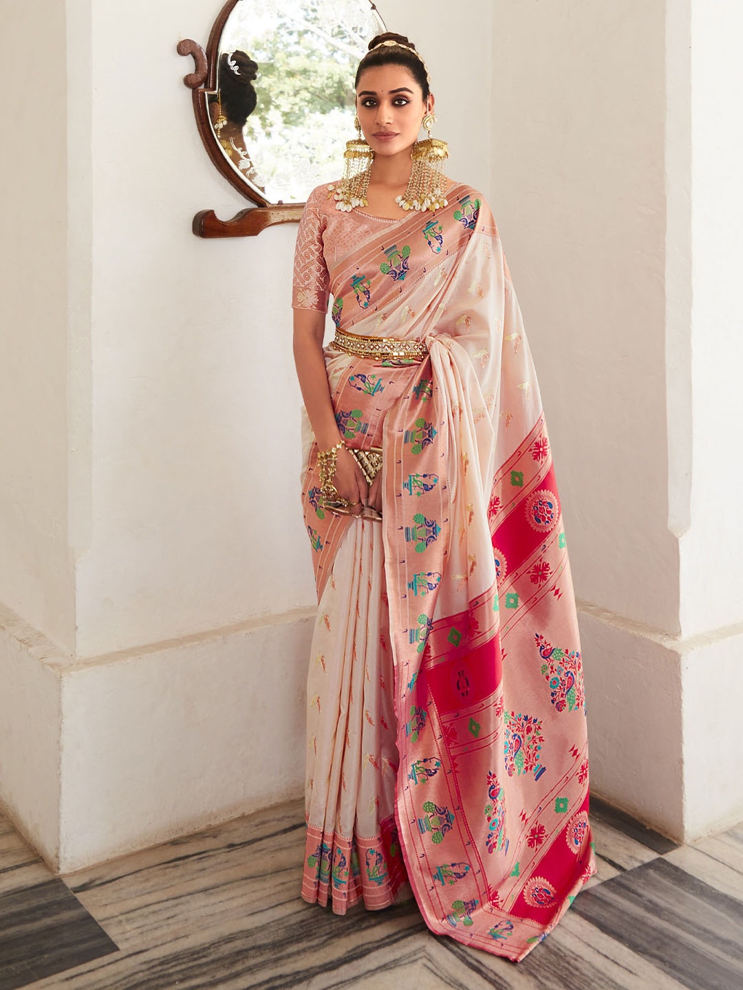 

MAHALASA Woven Design Zari Pure Silk Paithani Saree, Off white