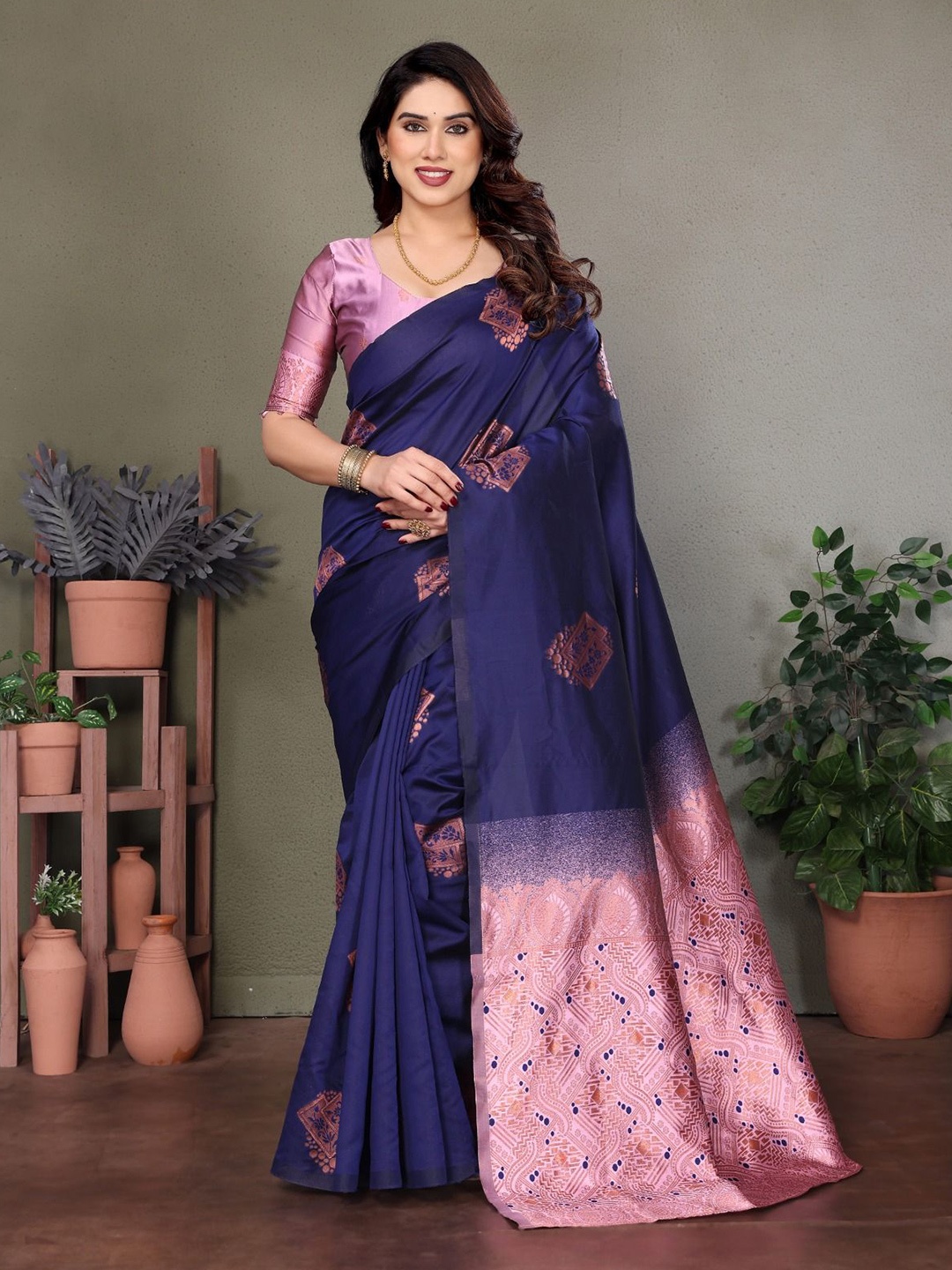 

BLEESBURY Woven Design Zari Pure Silk Banarasi Saree, Blue