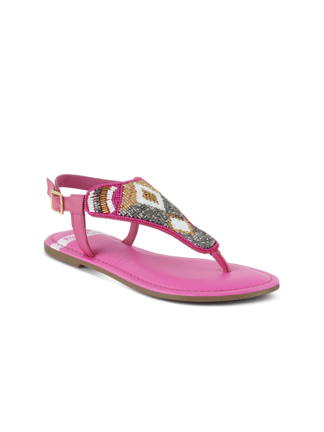 

RAG & CO Women Embellished Open Toe Flats with Buckles, Fuchsia