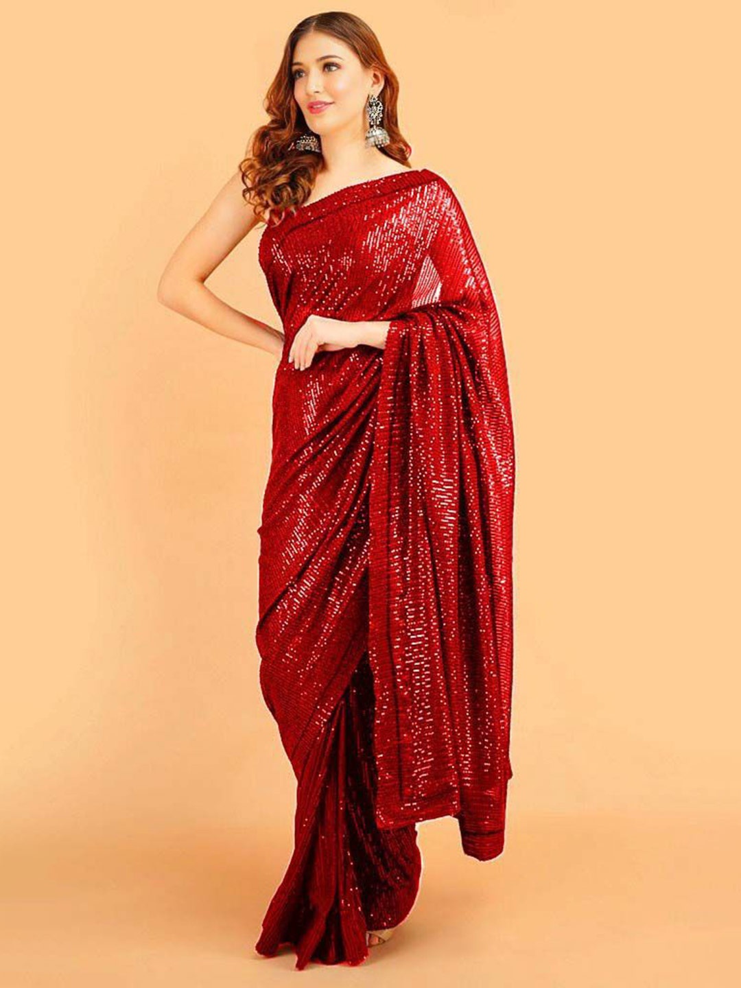 

ANJANI TEXTILE Embellished Sequinned Poly Georgette Heavy Work Saree, Red