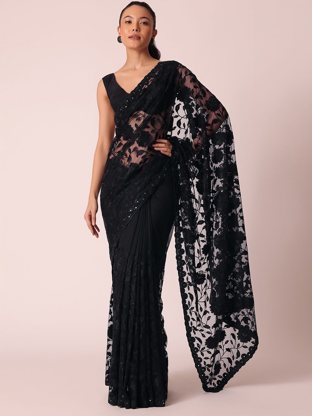 

KALKI Fashion Floral Sequinned Net Ready To Wear Saree, Black