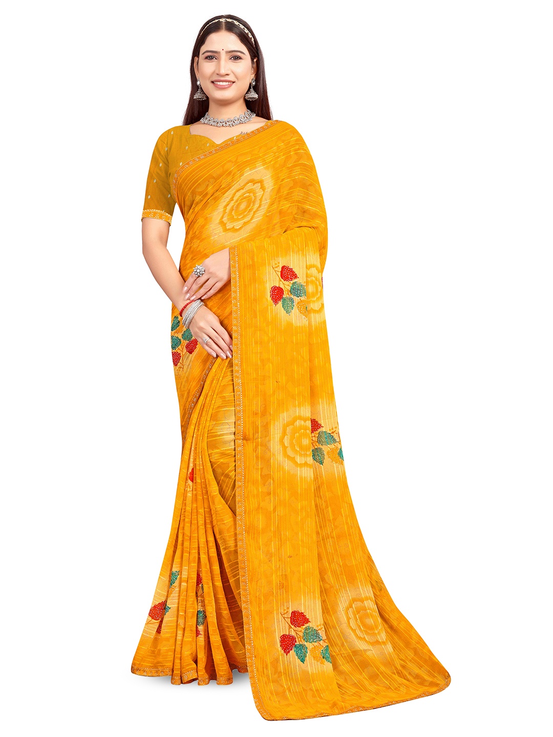 

shree krishna fashion Floral Beads and Stones Art Silk Saree, Yellow