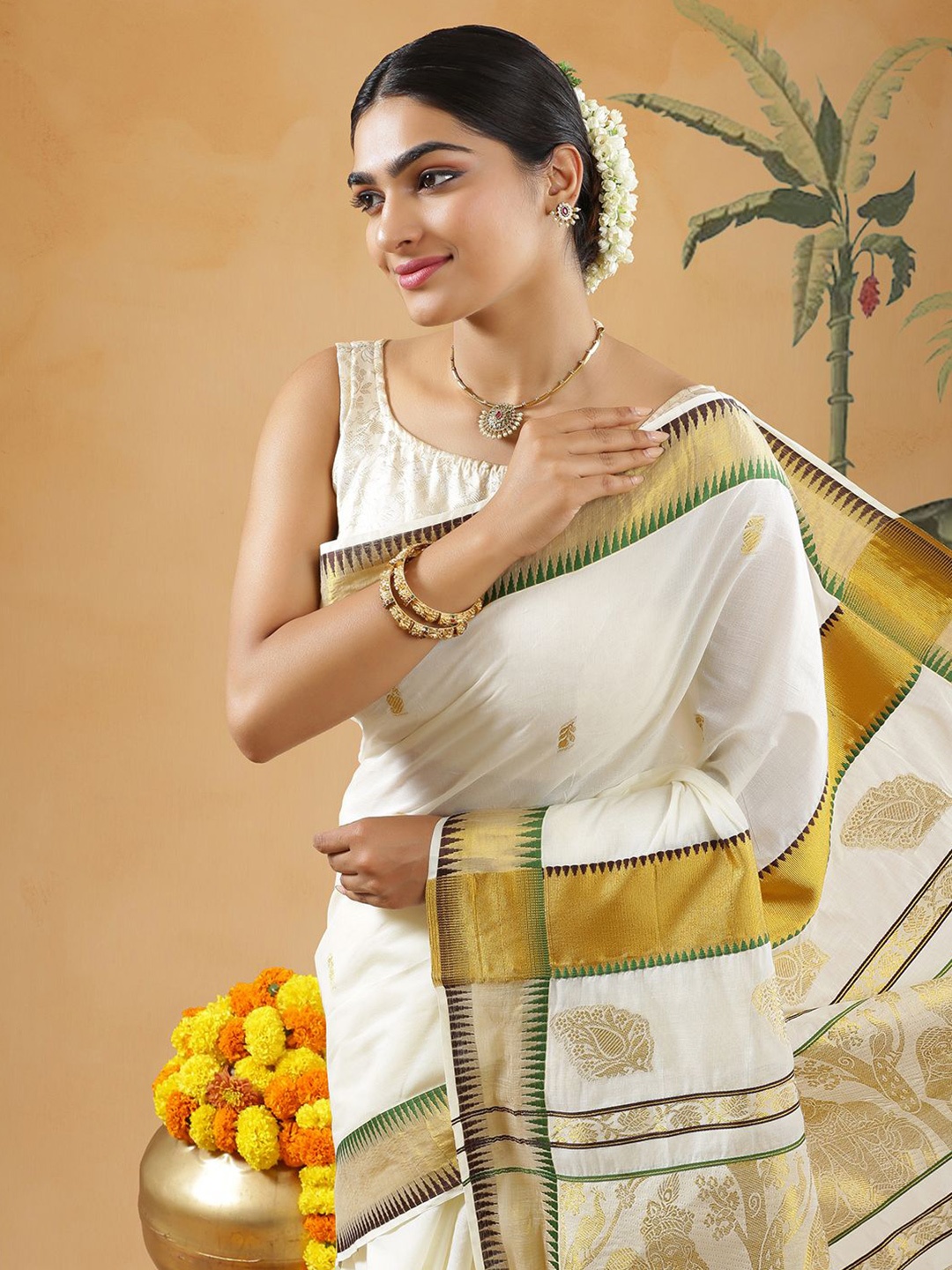 

Kalyan Silks Ethnic Motifs Zari Pure Cotton Kasavu Saree, Off white