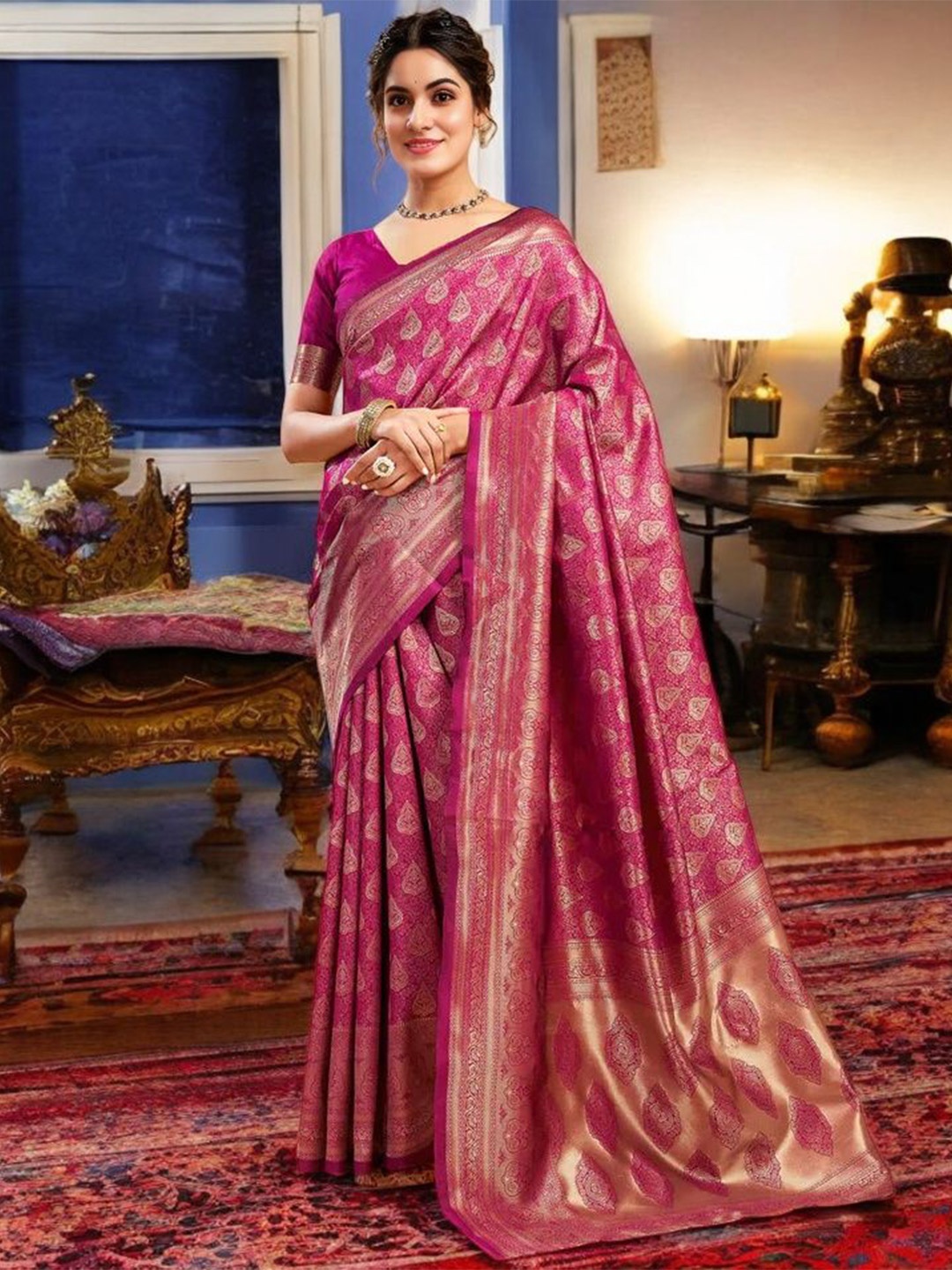 

Mitera Woven Design Zari Silk Blend Banarasi Saree, Magenta