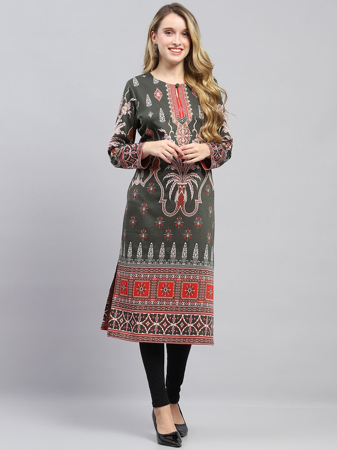 

Monte Carlo Kalamkari Pathani Cold-Shoulder Sleeves Maternity Kurta, Olive