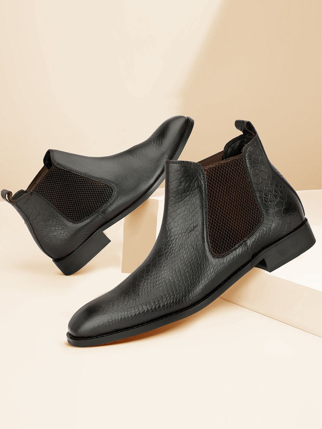 

ITALIAN ELEGANZ Men Genuine Leather Snake Print Chelsea Boots, Black