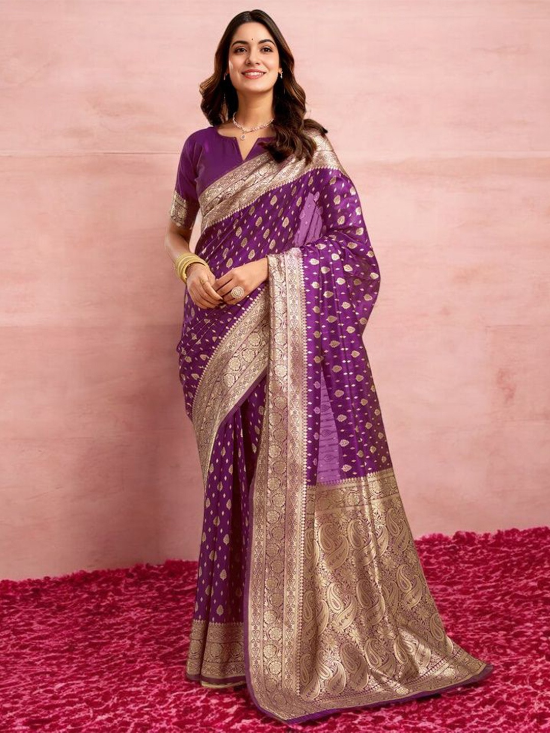 

Blissta Woven Design Zari Silk Blend Banarasi Saree, Purple