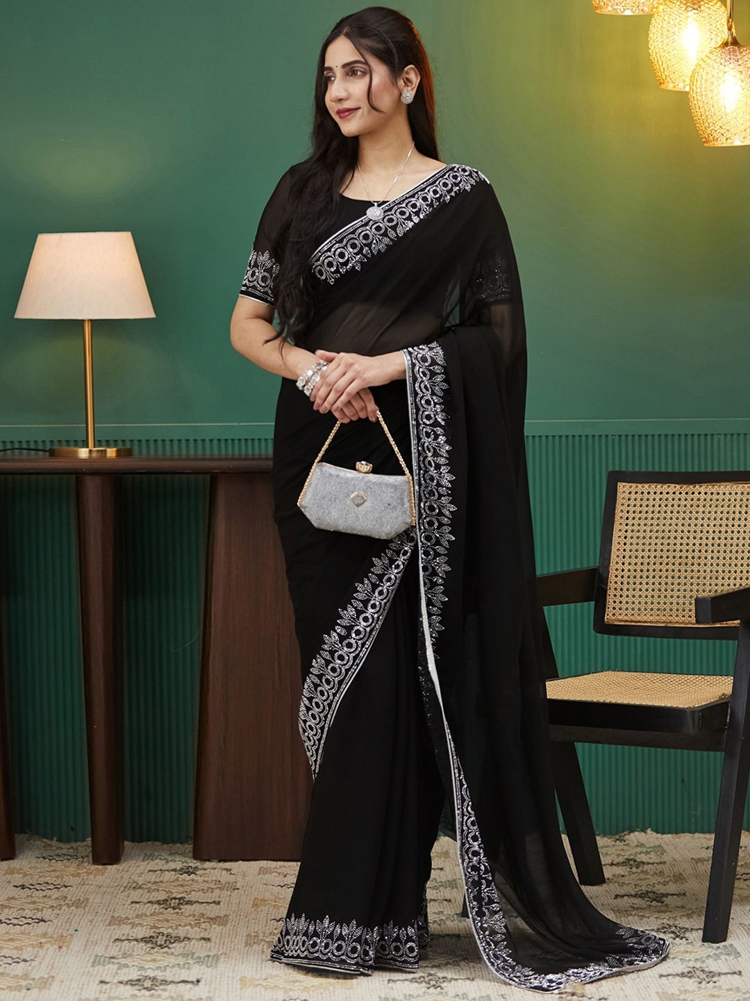 

KALINI Beads and Stones Pure Georgette Saree, Black