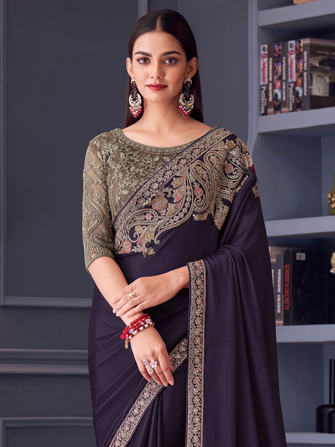 

Mitera Embellished Embroidered Satin Designer Saree, Black