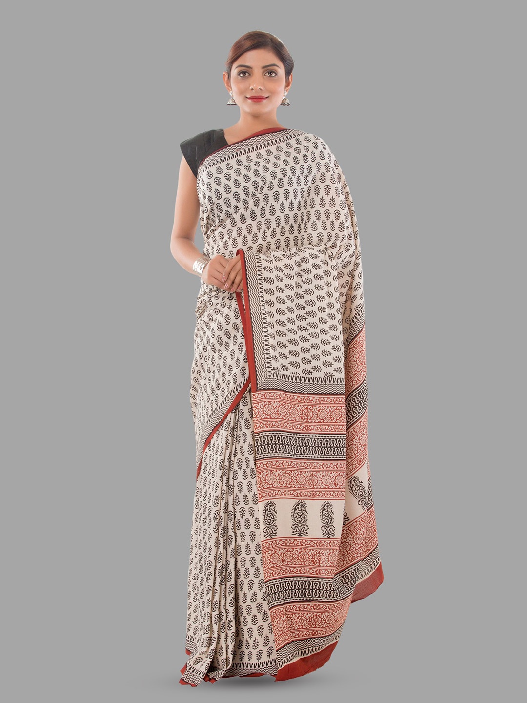 

HANDICRAFT PALACE Ethnic Motifs Pure Cotton Block Print Saree, Beige