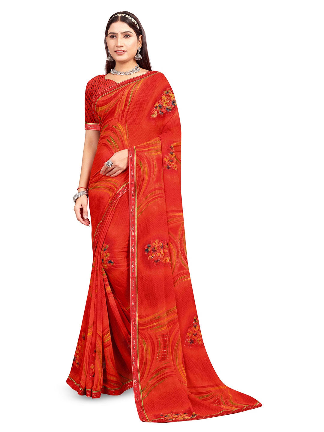 

shree krishna fashion Floral Beads and Stones Art Silk Saree, Red