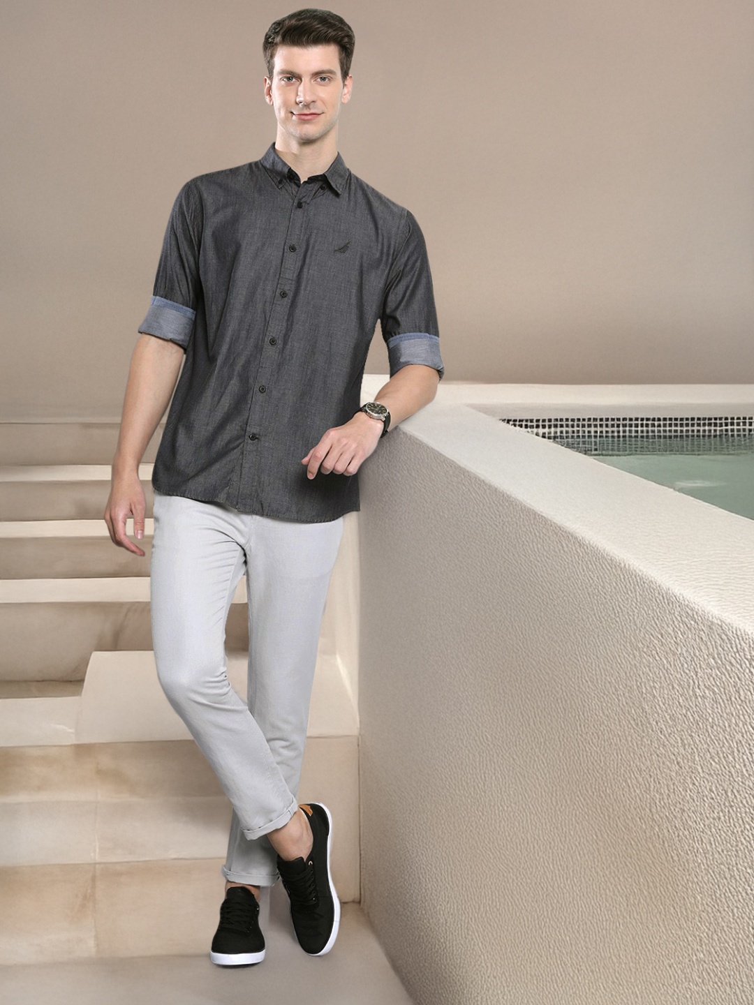 

Nautica Solid Slim Fit Pure Cotton Casual Shirt, Charcoal