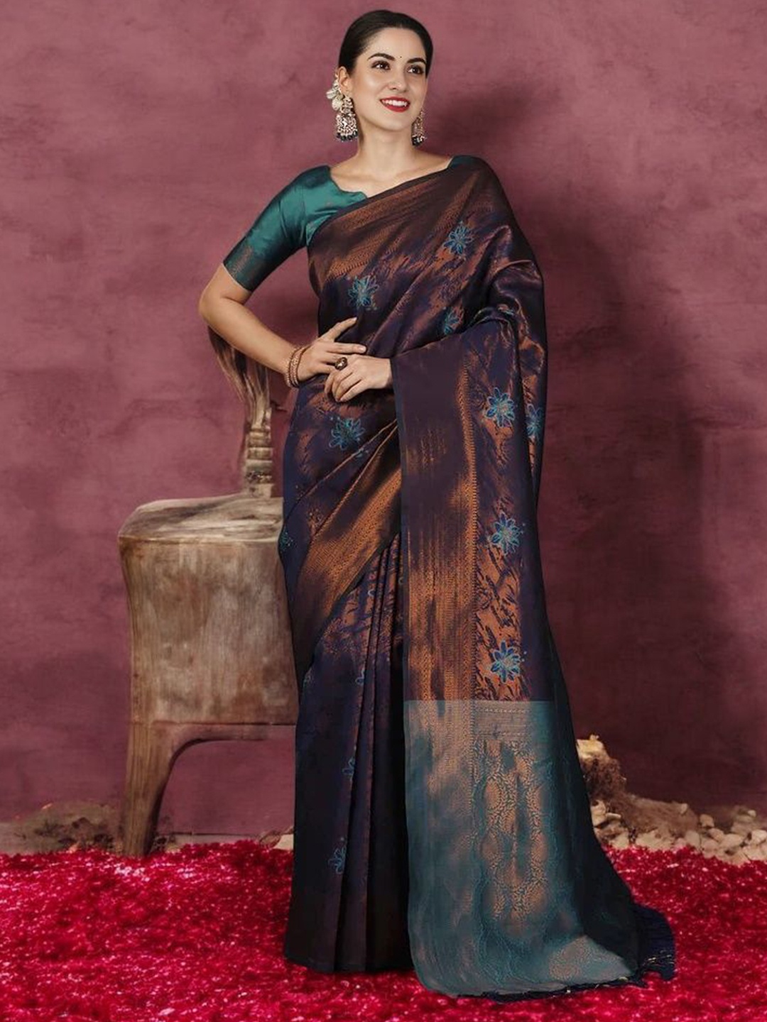 

DIVASTRI Woven Design Zari Silk Blend Banarasi Saree, Navy blue