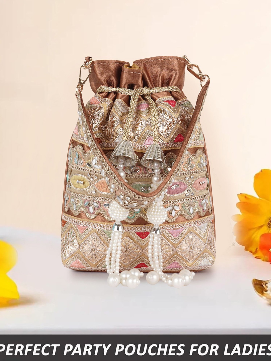 

PLANX Embroidered Embellished Potli Clutch, Brown