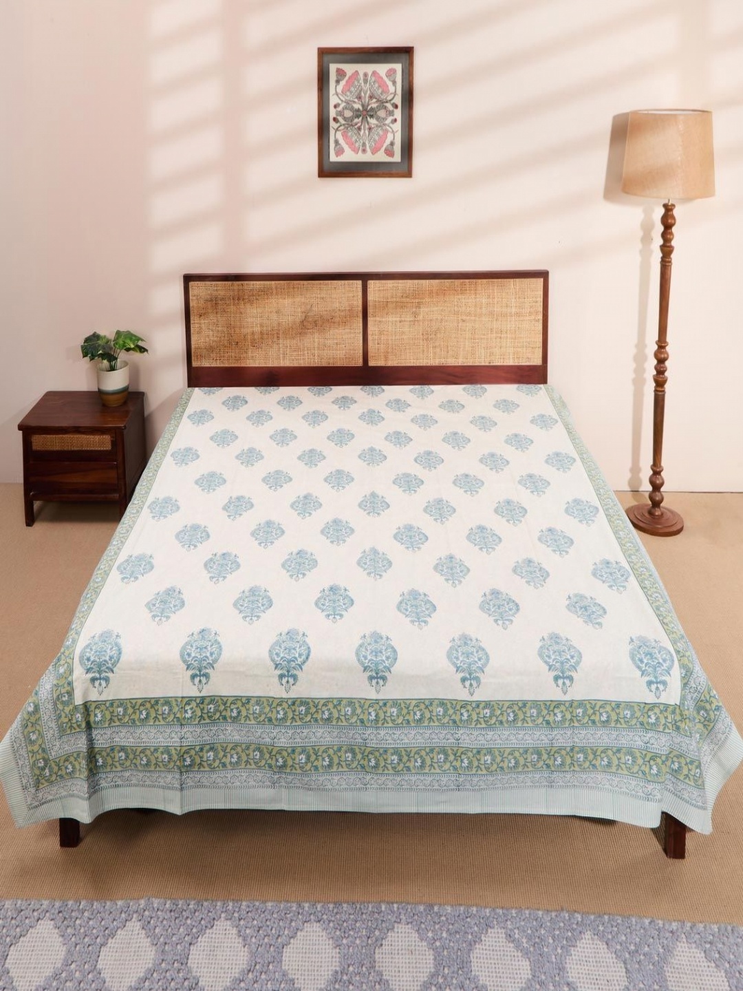 

Fabindia Teal Blue & White Printed Cotton Double King Bed Cover