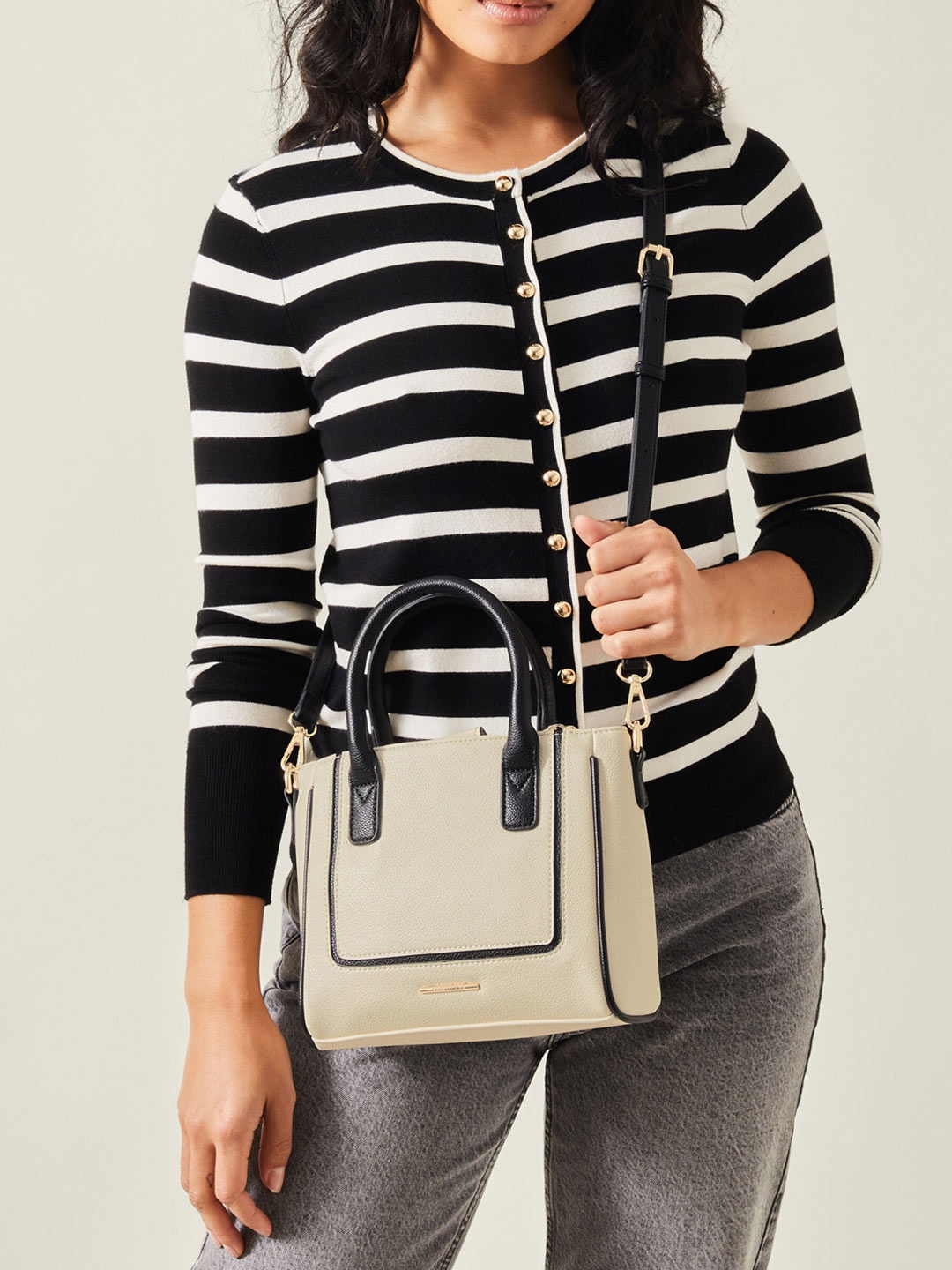 

Accessorize Colourblocked PU Structured Handheld Bag, Cream
