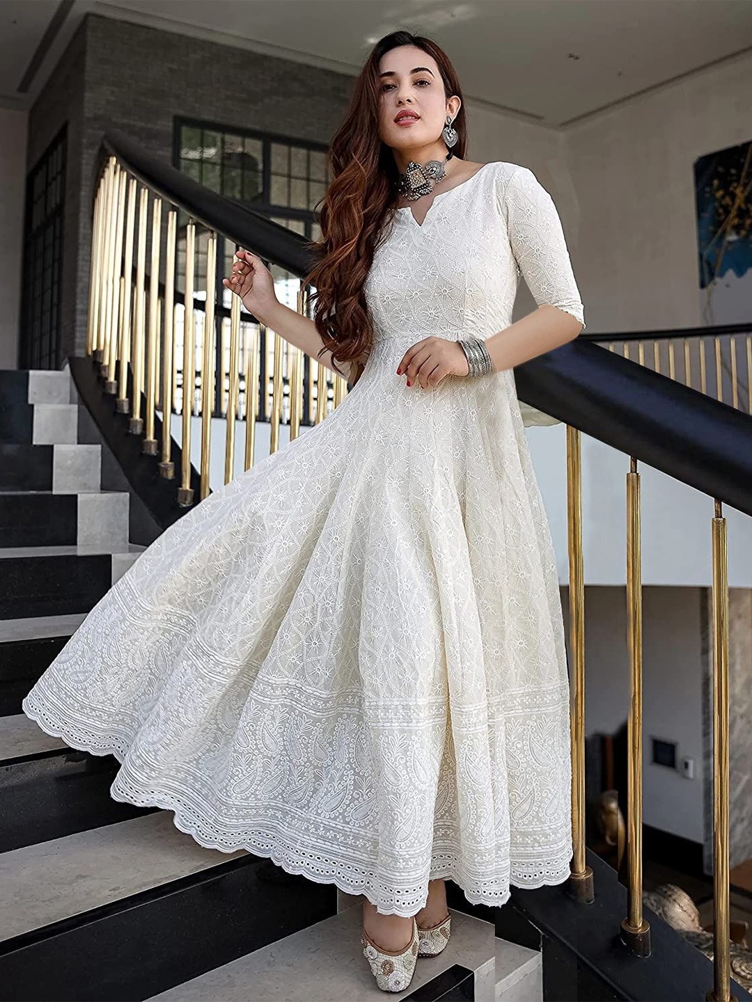 

Lookmark Chikankari Embroidered Flared Ethnic Dresses, White