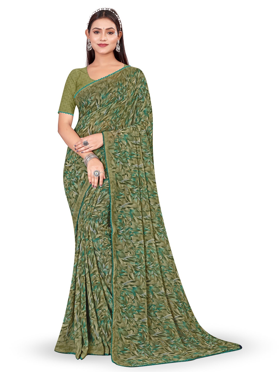 

shree krishna fashion Floral Poly Georgette Saree, Green