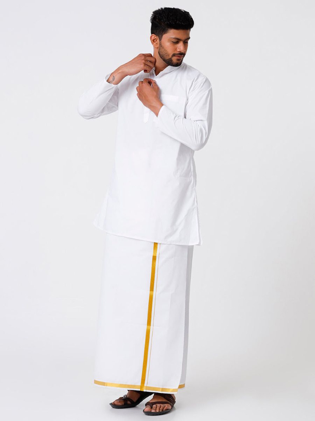 

RAMRAJ COTTON Men Full Sleeves White Medium Kurta with 3/4" inch Jari Dhoti Set
