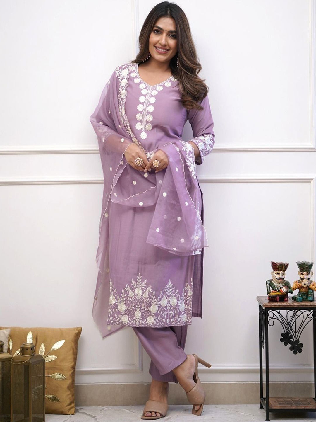 

KALINI Women Ethnic Motifs Embroidered Thread Work Silk Kurta with Trousers & With Dupatta, Violet