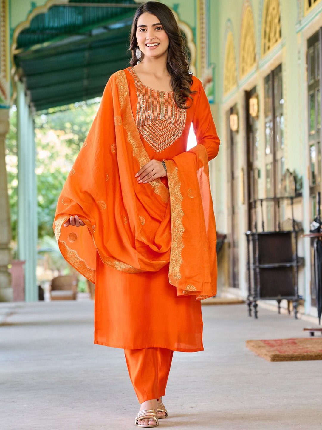 

Bhavyam Women Ethnic Motifs Embroidered Regular Raw Silk Kurta with Trousers & With Dupatta, Orange