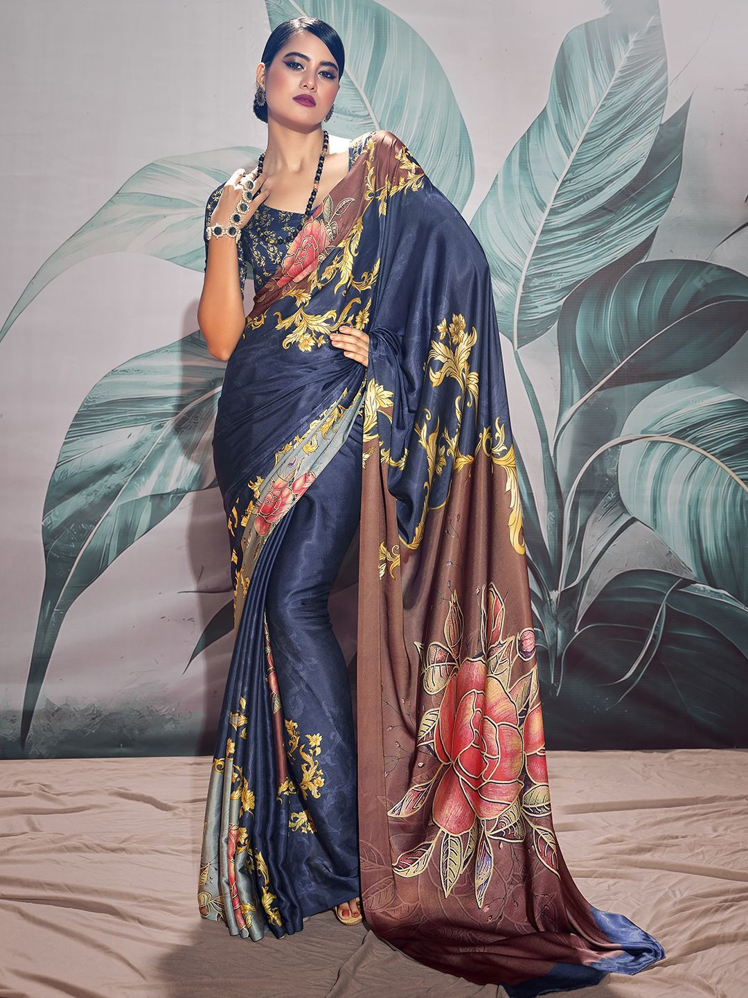 

LeeliPeeri Designer Floral Satin Saree, Blue