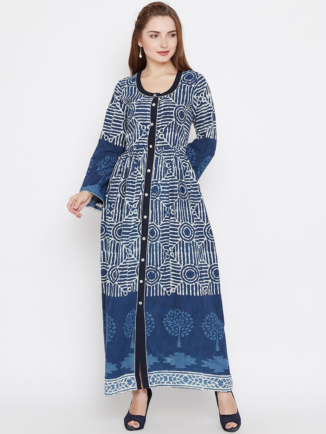

Dillen Women Tribal Printed Bell Sleeves Block Print Kurta, Navy blue