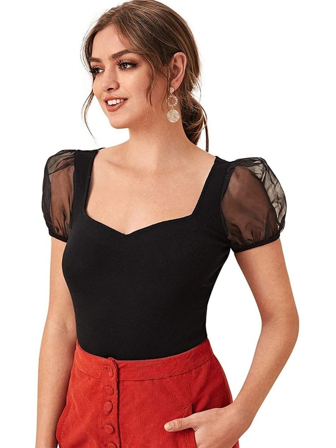 

NiloBerry Sweetheart Neck Puff Sleeve Crop Top, Black