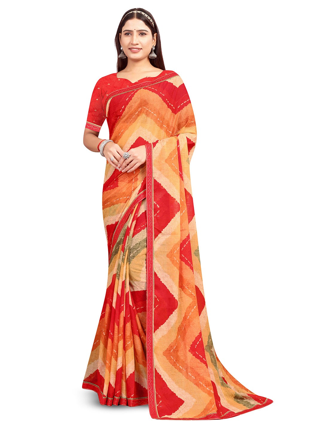 

shree krishna fashion Beads and Stones Art Silk Saree, Red