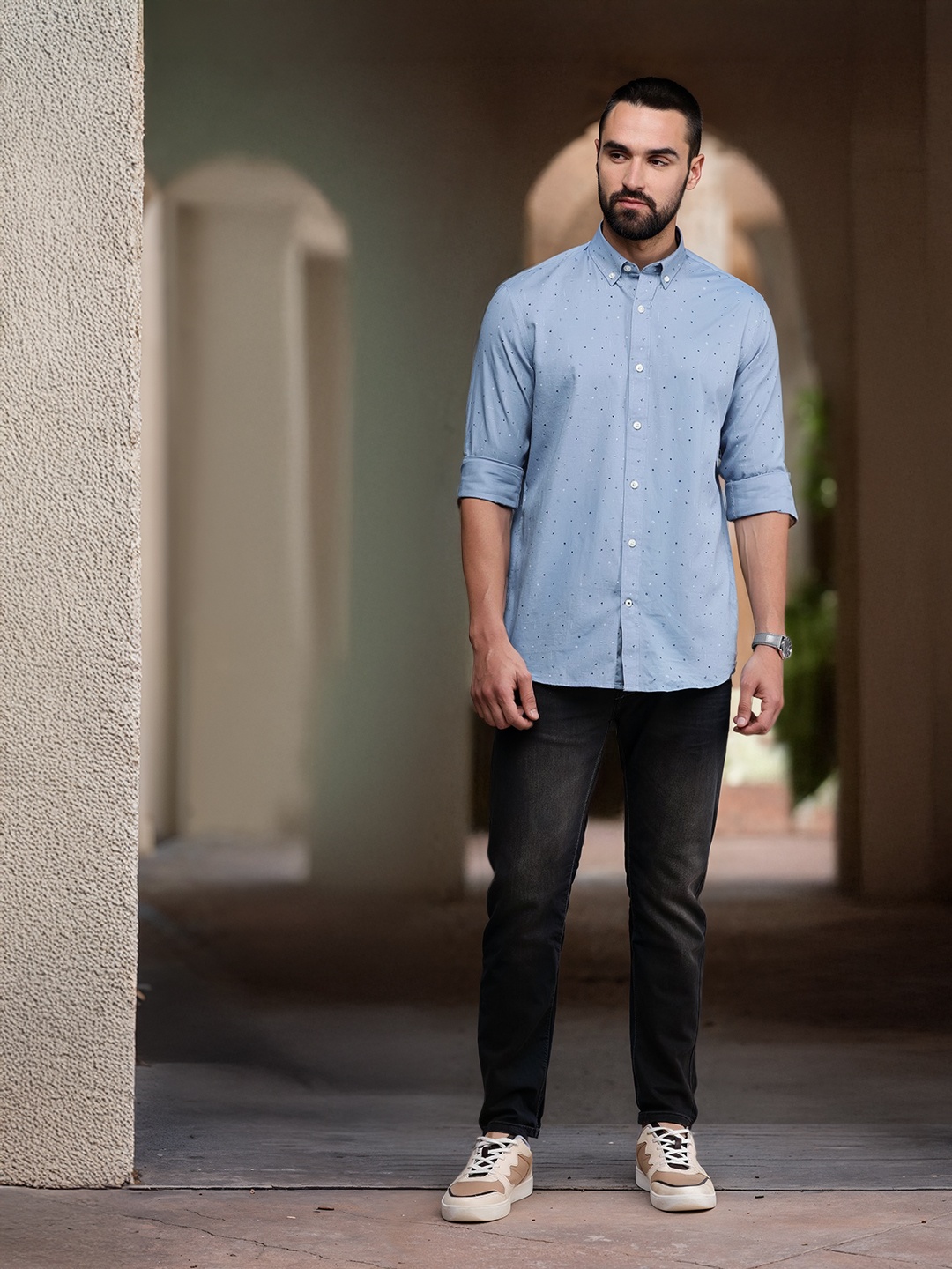 

Nautica Slim Fit Geometric Printed Pure Cotton Casual Shirt, Blue