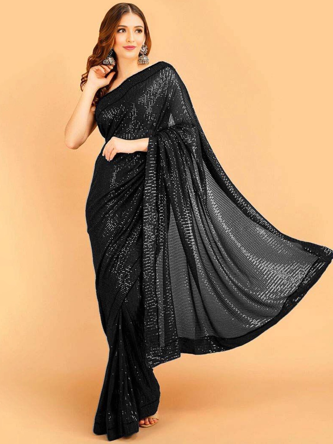 

ANJANI TEXTILE Embellished Sequinned Poly Georgette Heavy Work Saree, Black