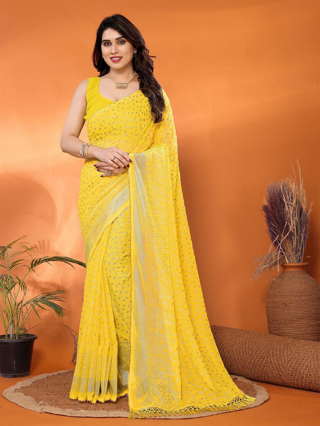 

ROOP SUNDARI SAREES Embellished Gotta Patti Pure Georgette Saree, Yellow