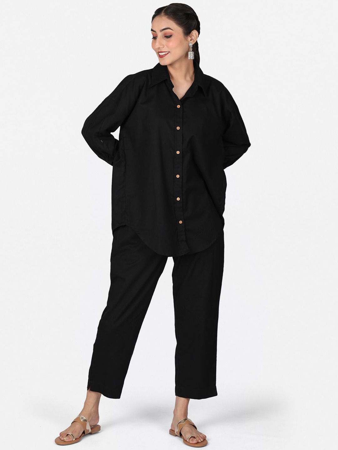 

Llajja Pure Cotton Shirt Collar Neck Shirt With Trousers Co-Ords, Black
