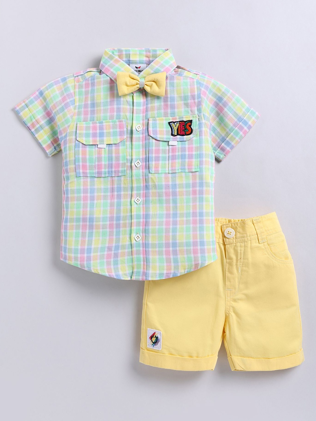 

LITTLE COLLARS Boys Checked Shirt with Shorts, Yellow