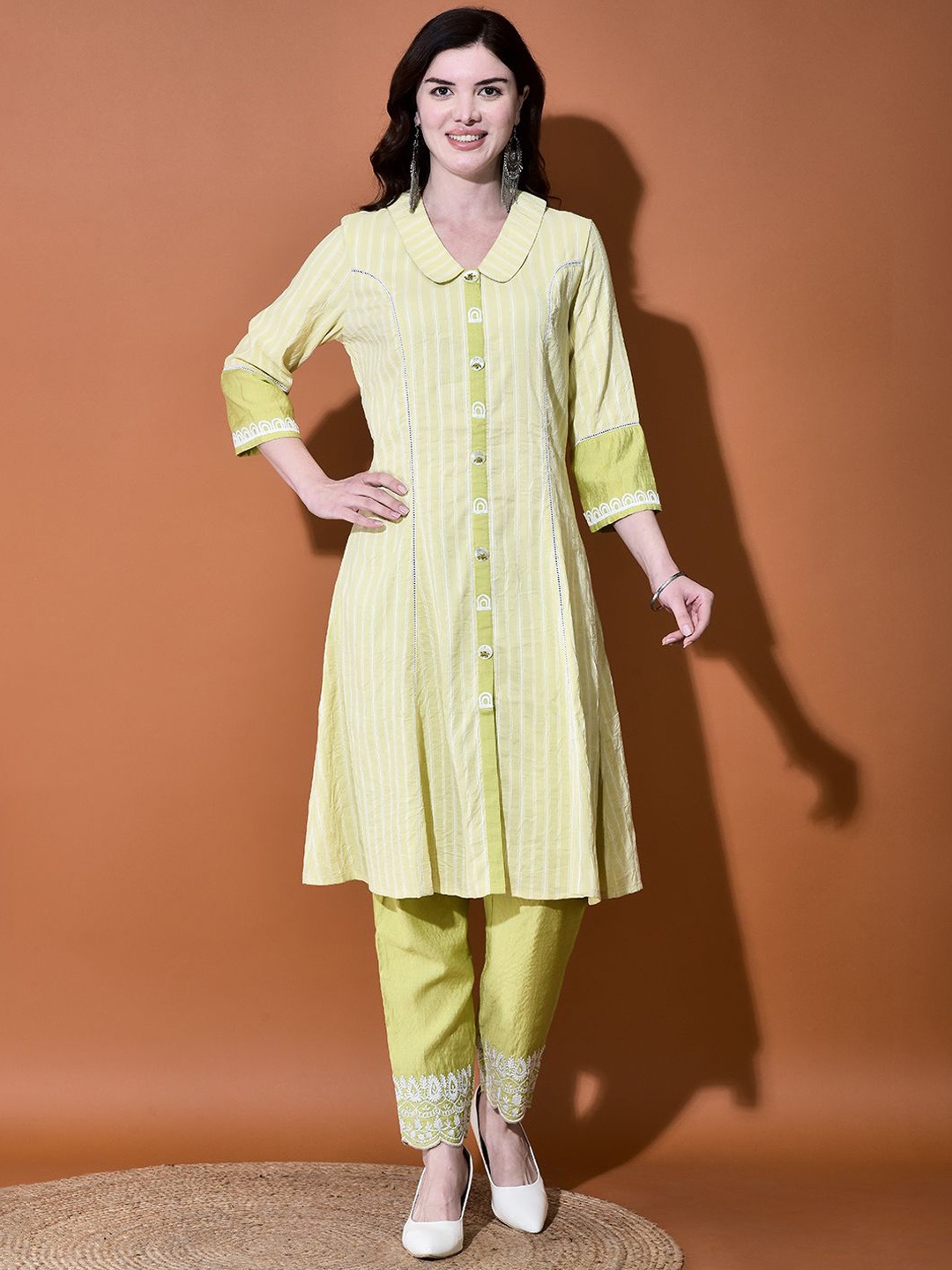 

FFU Women Striped Regular Thread Work Kurta with Trousers, Yellow