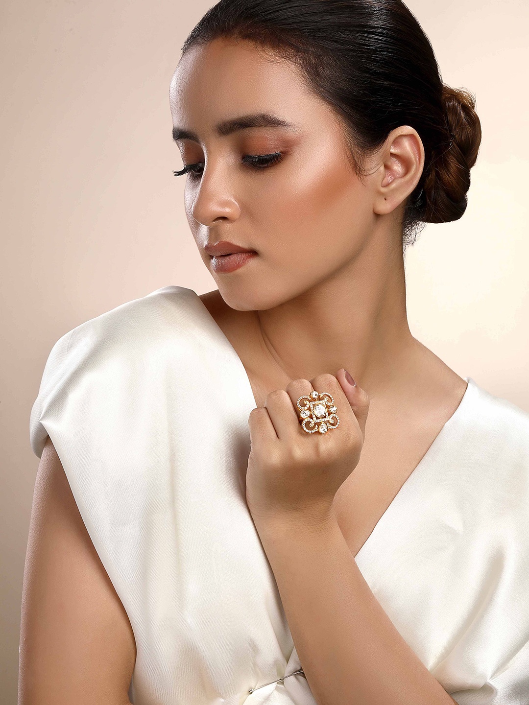 

Sica Jewellery Sterling Silver Gold Plated Kundan Stone Studded Finger Ring