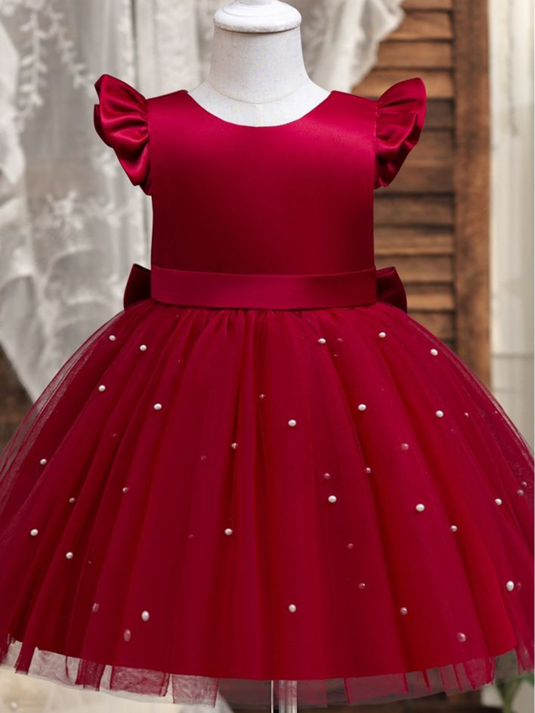 

LULU & SKY Embellished Flutter Sleeve Fit & Flare Dress, Red