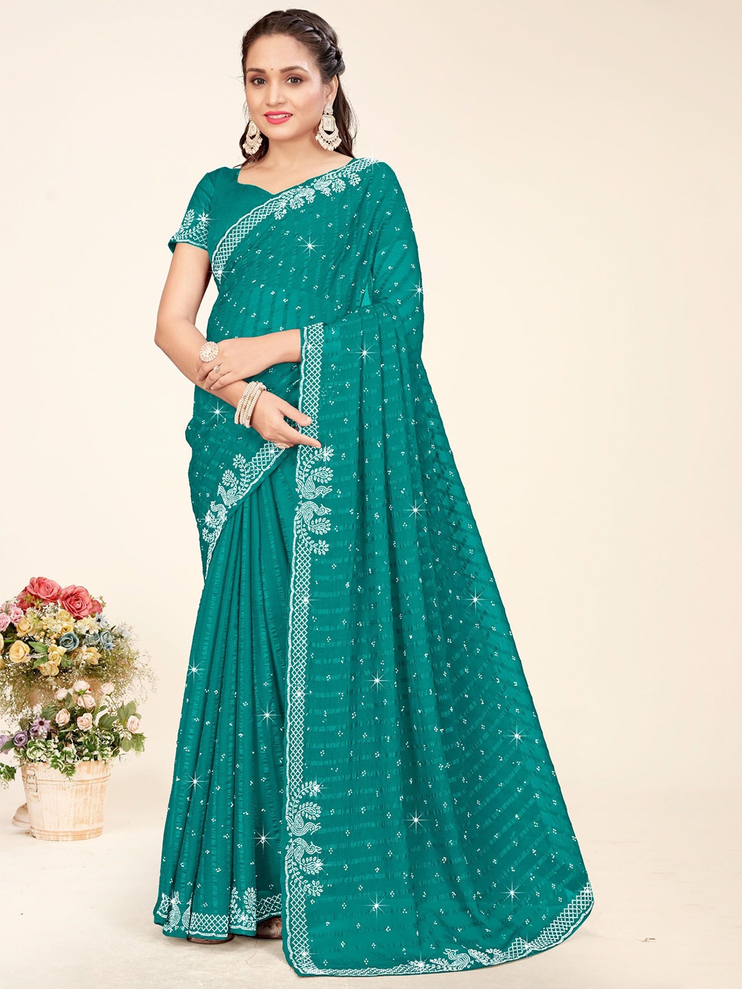 

KEERAT FASHION Embellished Beads and Stones Poly Georgette Chanderi Saree, Sea green