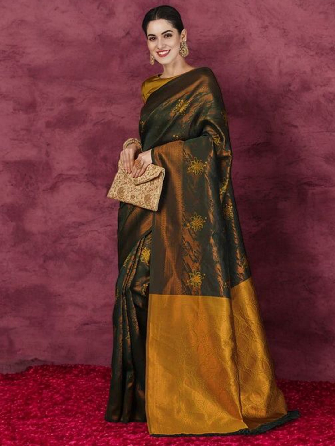 

KALINI Woven Design Zari Silk Blend Banarasi Saree, Green