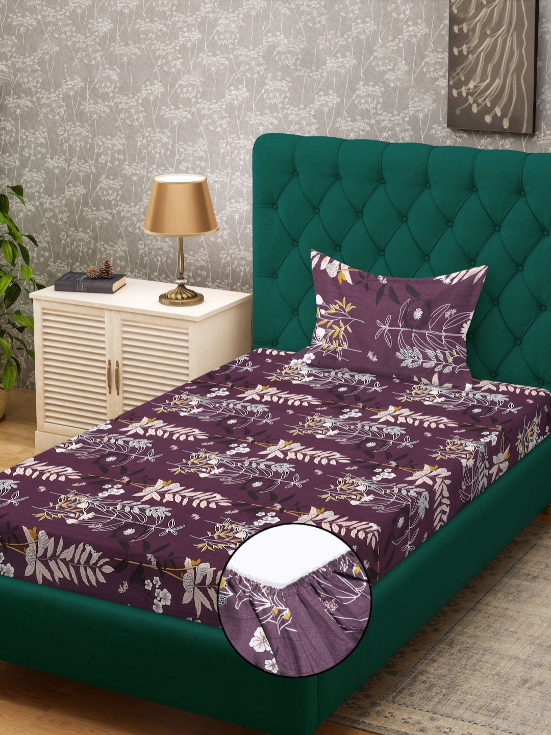 

KLOTTHE Purple & Pink Floral Printed 300 TC Fitted Single Bedsheet - 2.25 m X 1.50 m