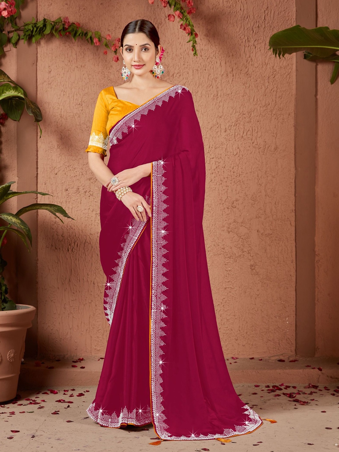 

PAYAL CREATION Beads and Stones Pure Georgette Saree, Maroon