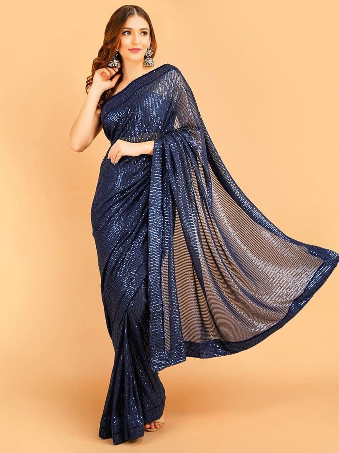 

ANJANI TEXTILE Embellished Sequinned Poly Georgette Heavy Work Saree, Blue
