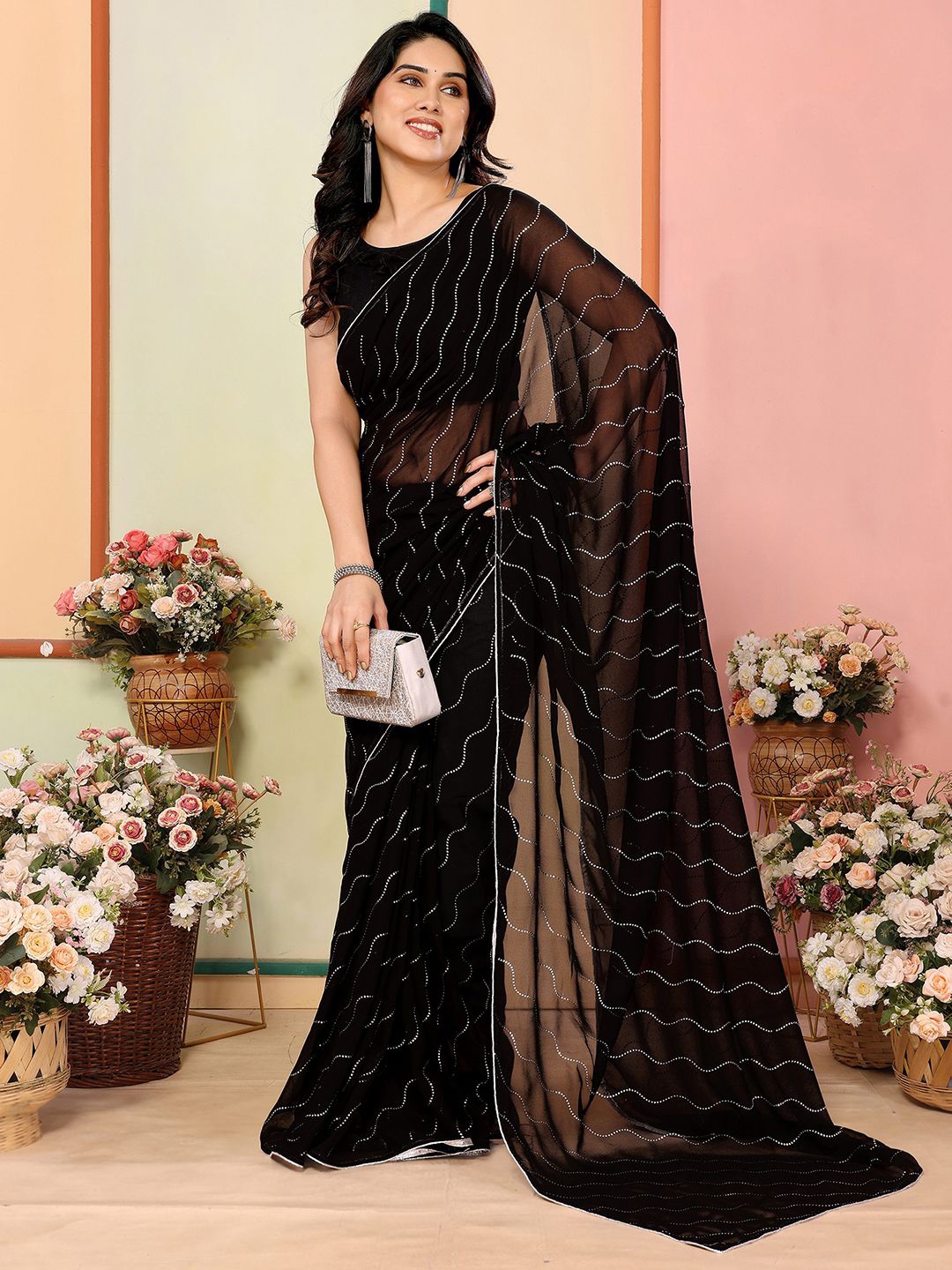 

Mitera Embellished Beads and Stones Pure Georgette Saree, Black