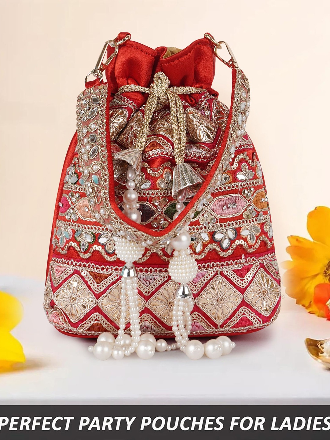 

PLANX Embroidered Potli Clutch, Red