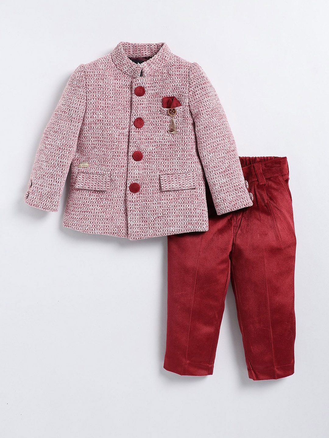 

LITTLE COLLARS Single-Breasted Bandhgala Two-Piece Suit, Maroon