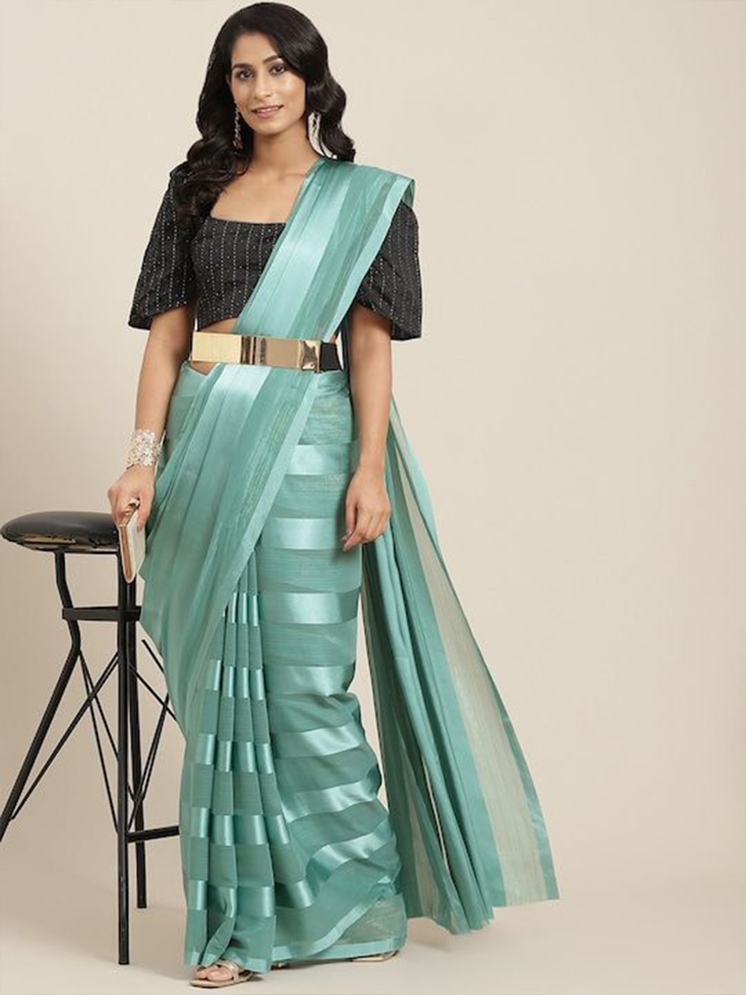

RAJGRANTH Striped Pure Silk Saree, Turquoise blue