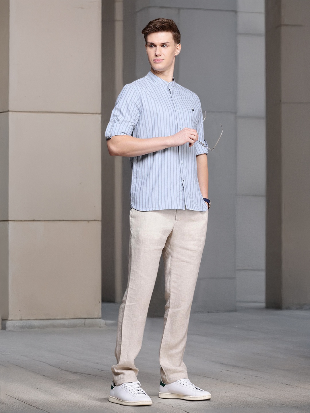 

Nautica Premium Slim Fit Striped Pure Cotton Casual Shirt, Blue